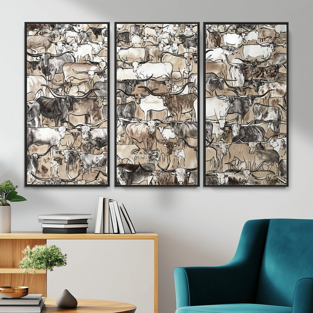 64368752-MGV-CV-36X24 - Farmhouse Animals Wall Art Canvas Print - Abstract Farm Animal Drawing Mid-Century Wall Art for Cabin Decor