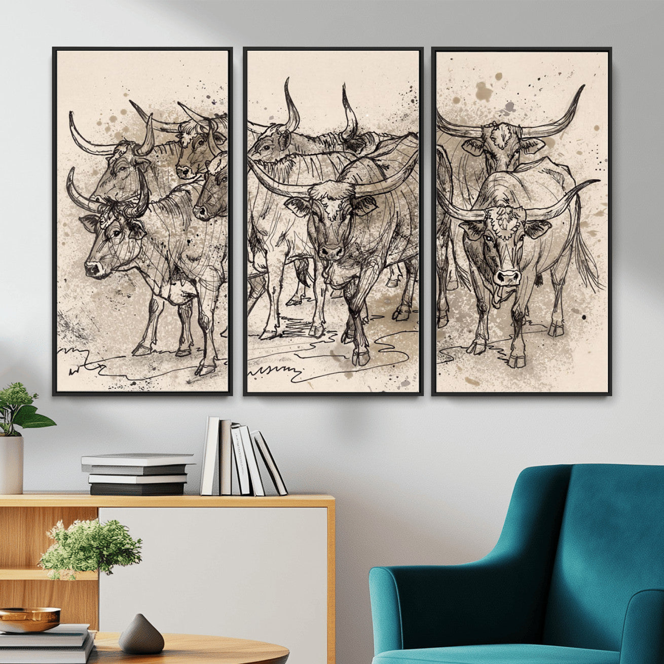 74232558-MGV-CV-36X24 - Farmhouse Animals Wall Art Canvas Print - Abstract Farm Animal Drawing Mid-Century Wall Art for Cabin Decor