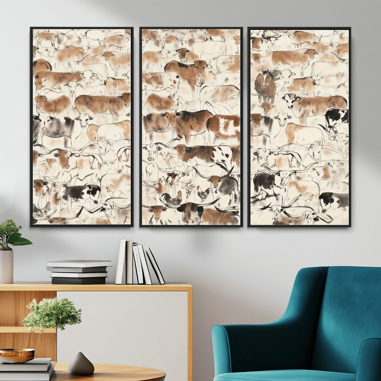 69961368-MGV-CV-36X24 - Farmhouse Animals Wall Art Canvas Print - Abstract Farm Animal Drawing Mid-Century Wall Art for Cabin Decor