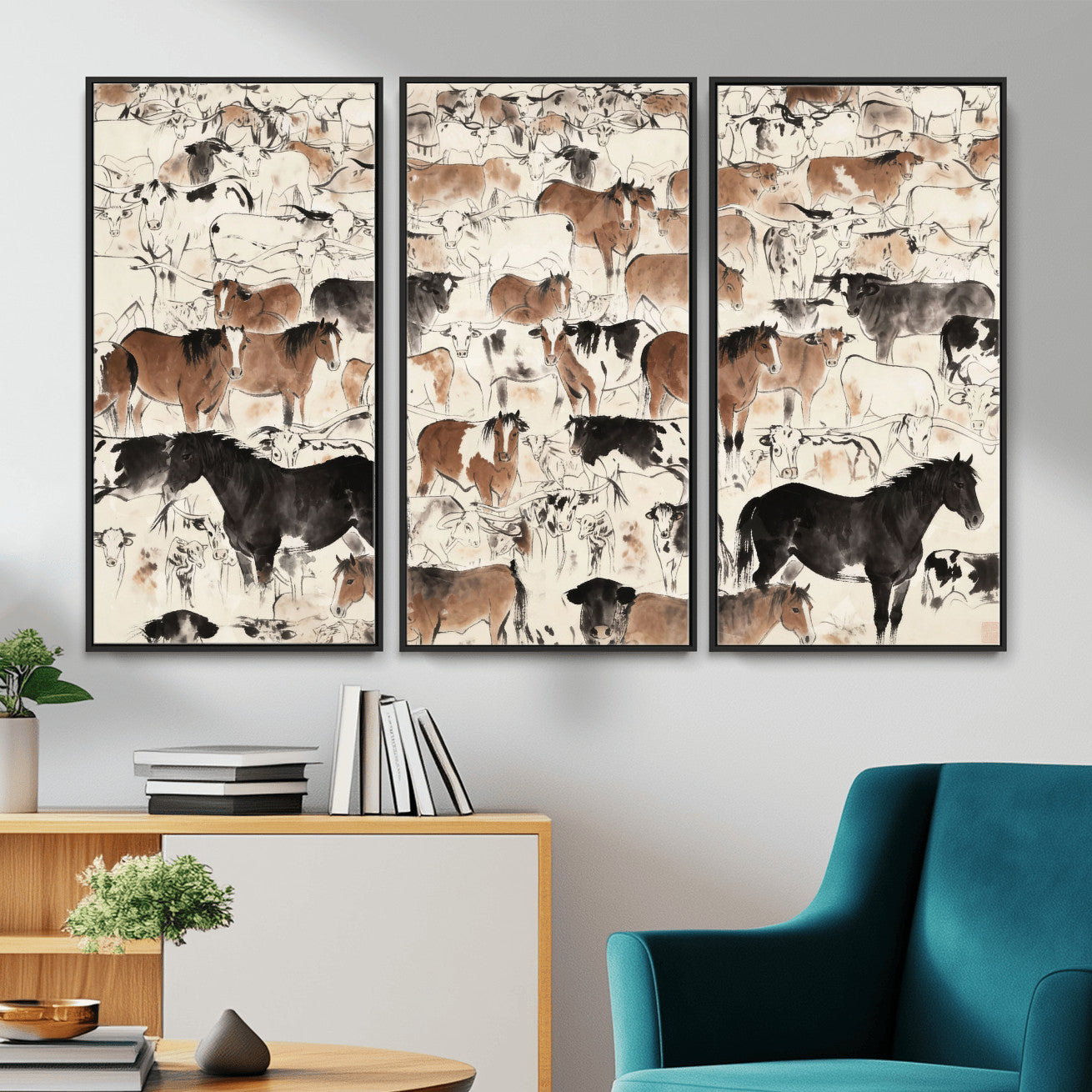 74171578-MGV-CV-36X24 - Farmhouse Animals Wall Art Canvas Print - Abstract Farm Animal Drawing Mid-Century Wall Art for Cabin Decor