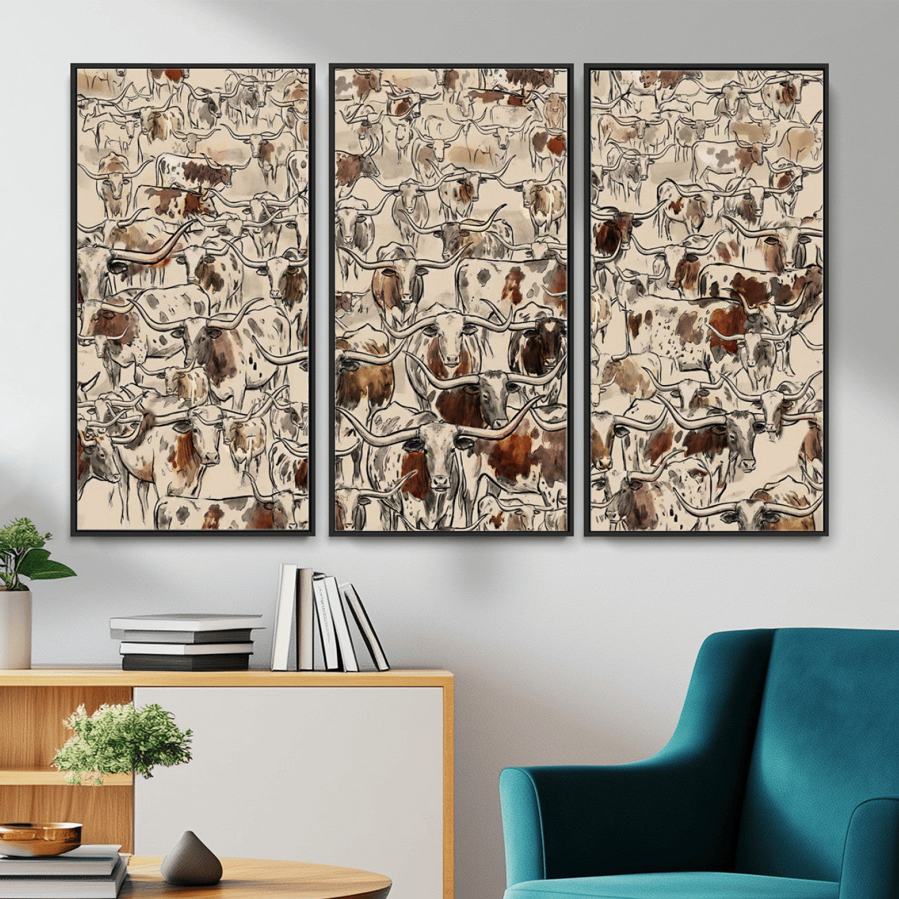 94808502-MGV-CV-36X24 - Farmhouse Animals Wall Art Canvas Print - Abstract Farm Animal Drawing Mid-Century Wall Art for Cabin Decor