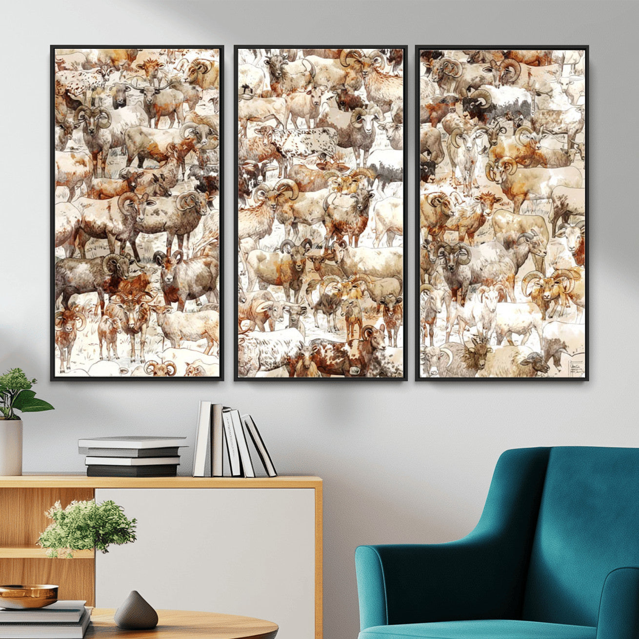 95103864-MGV-CV-36X24 - Farmhouse Animals Wall Art Canvas Print - Abstract Farm Animal Drawing Mid-Century Wall Art for Cabin Decor