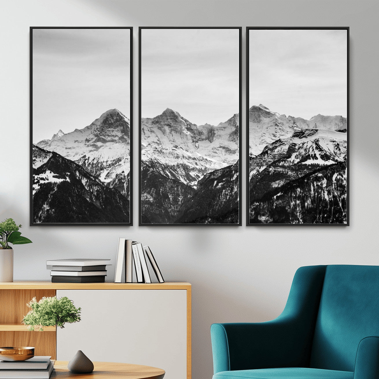 85684934-MGV-CV-36X24 - Black and White Mountain Wall Art Canvas Print, Snowy Alpine Peaks Landscape Photography, Minimal Monochrome Mountain Art, Scenic Nature Wall Decor