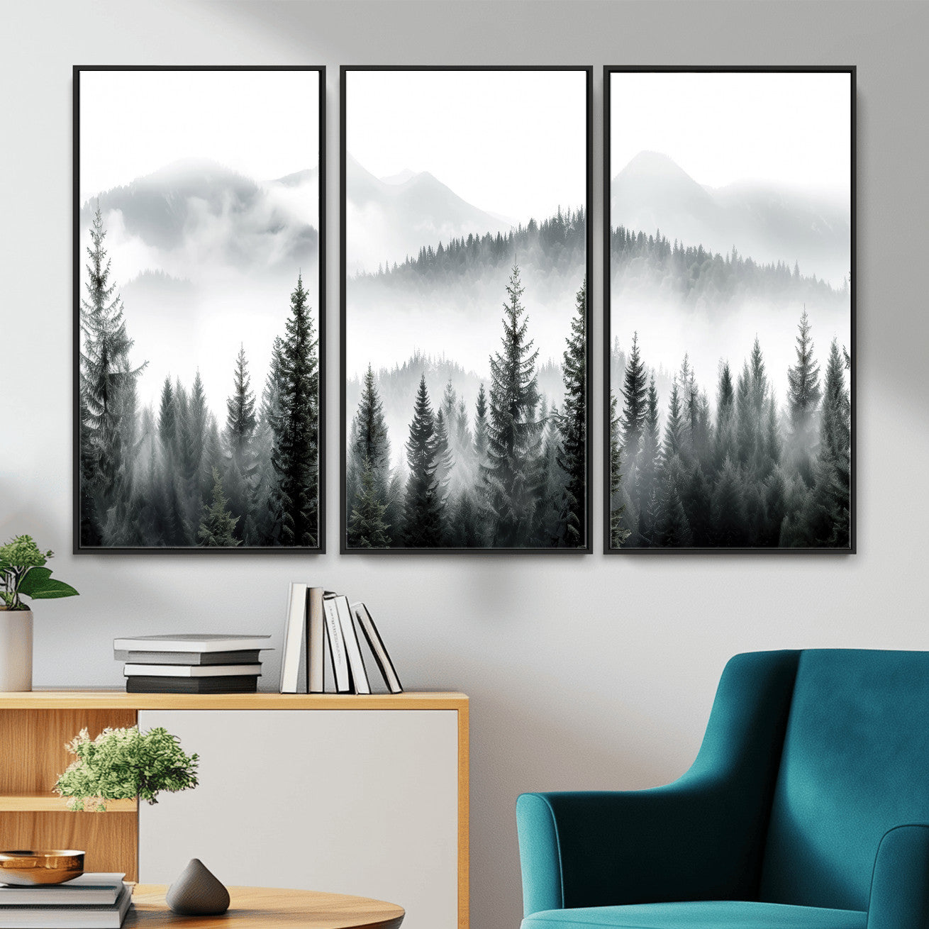 38819032-MGV-CV-36X24 - Misty Pine Forest Mountain Landscape Wall Art Canvas Print, Foggy Evergreen Trees Minimal Nature Canvas Print, Monochrome Wilderness Scenic Art Printing