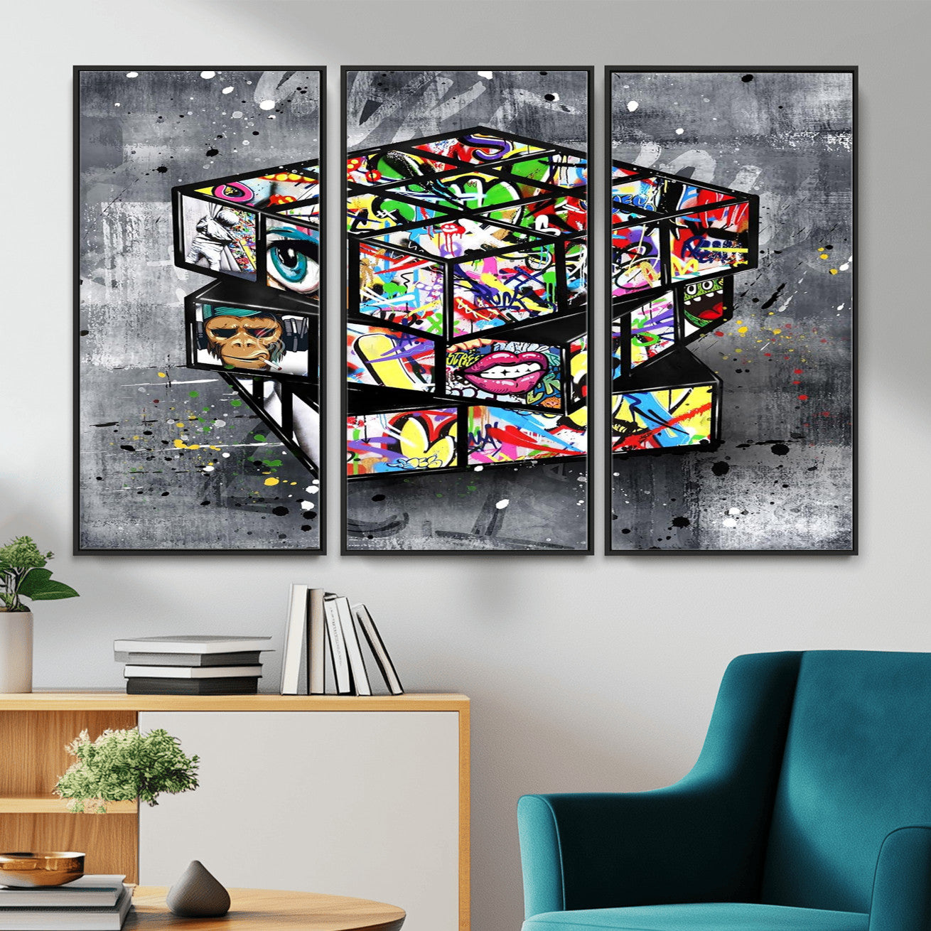 46789556-MGV-CV-36X24 - Graffiti Cube Abstract Street Art Wall Art Canvas Print, Colorful Urban Pop Art Geometric Canvas Print, Modern Street Art Contemporary Art Printing
