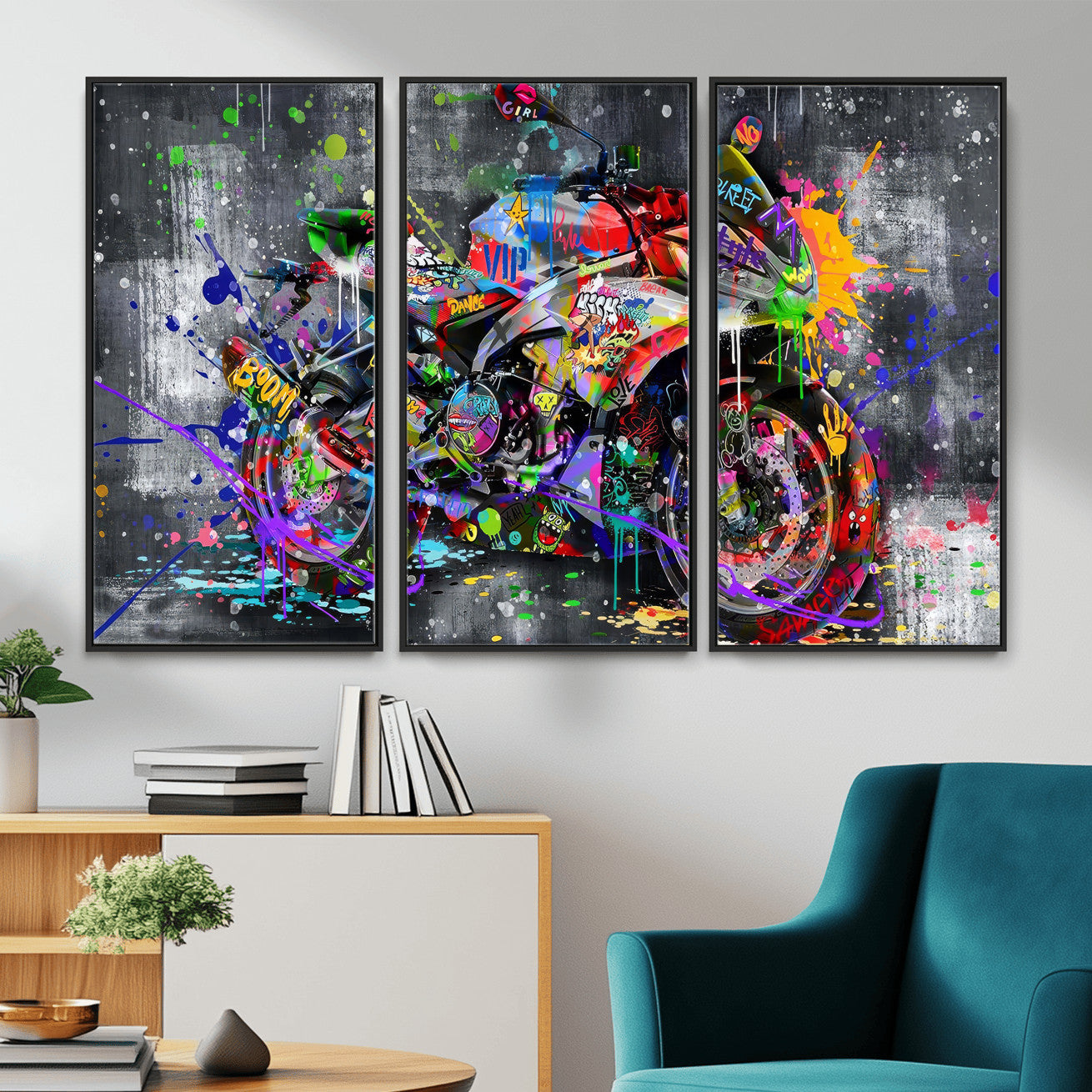 83021767-MGV-CV-36X24 - Graffiti Motorcycle Wall Art Canvas Print, Urban Street Art Motorbike Decor, Colorful Graffiti Sports Bike Artwork