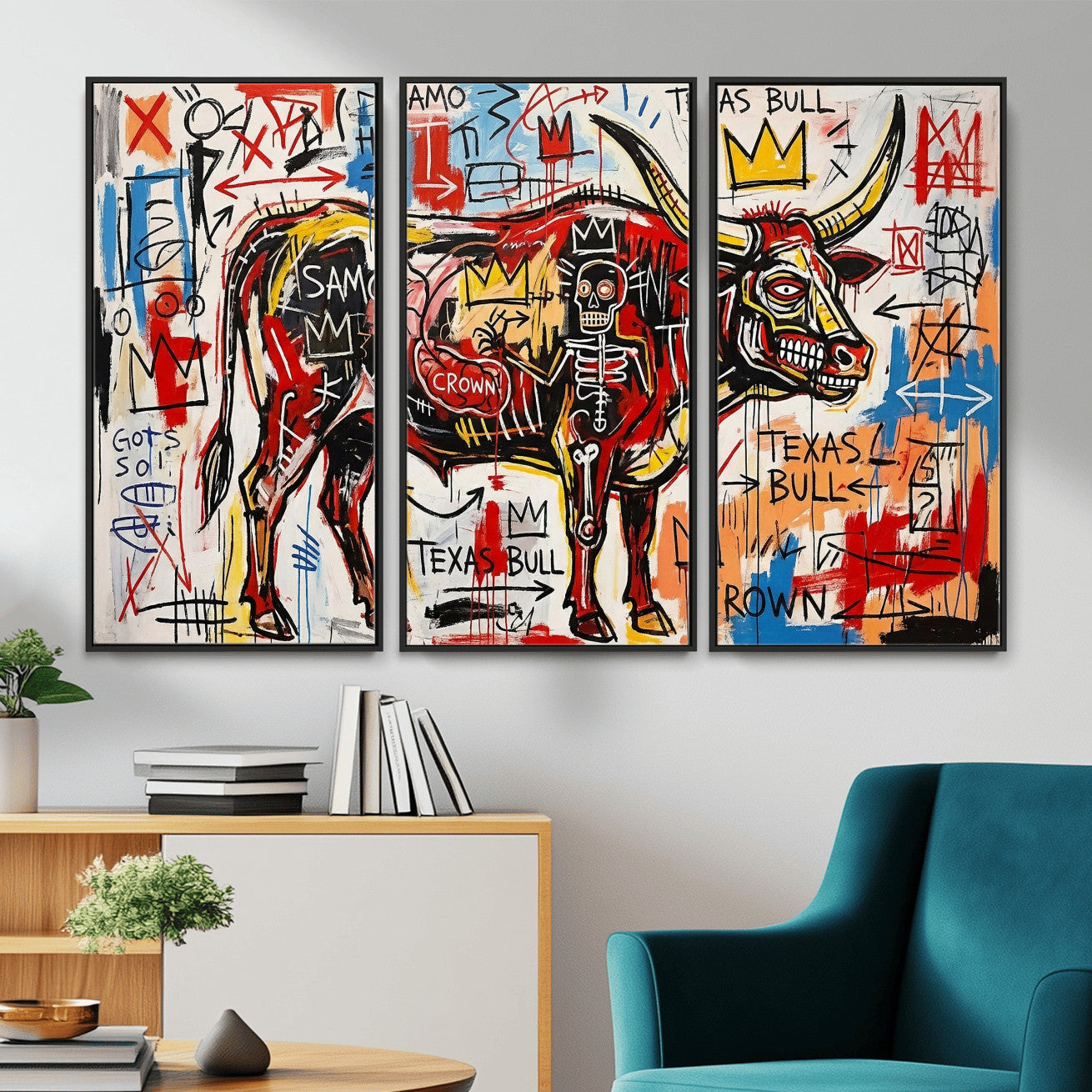 89504579-MGV-CV-36X24 - TITLE: Texas Bull Wall Art Canvas Print, Abstract Graffiti Bull Painting, Western Animal Art, Modern Ranch Decor