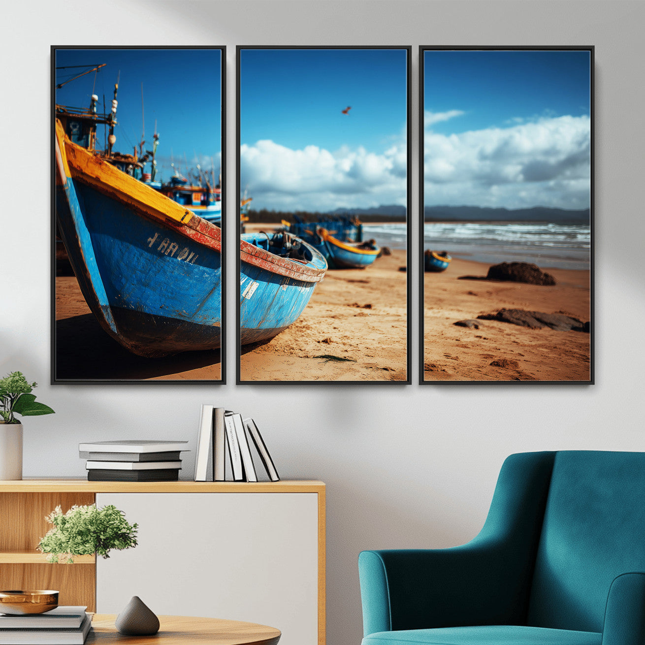 70925201-MGV-CV-36X24 - Fishing Boats Wall Art Canvas Print, Coastal Boat Beach Scene, Nautical Seaside Artwork, Ocean Shore Decor, Coastal Home Wall Art