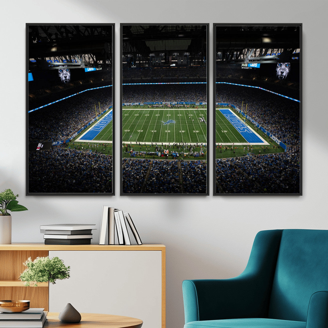 16709602-MGV-CV-36X24 - Detroit Lions Stadium Wall Art Canvas Print, Football Field Panorama Artwork, NFL Game Night Stadium Decor