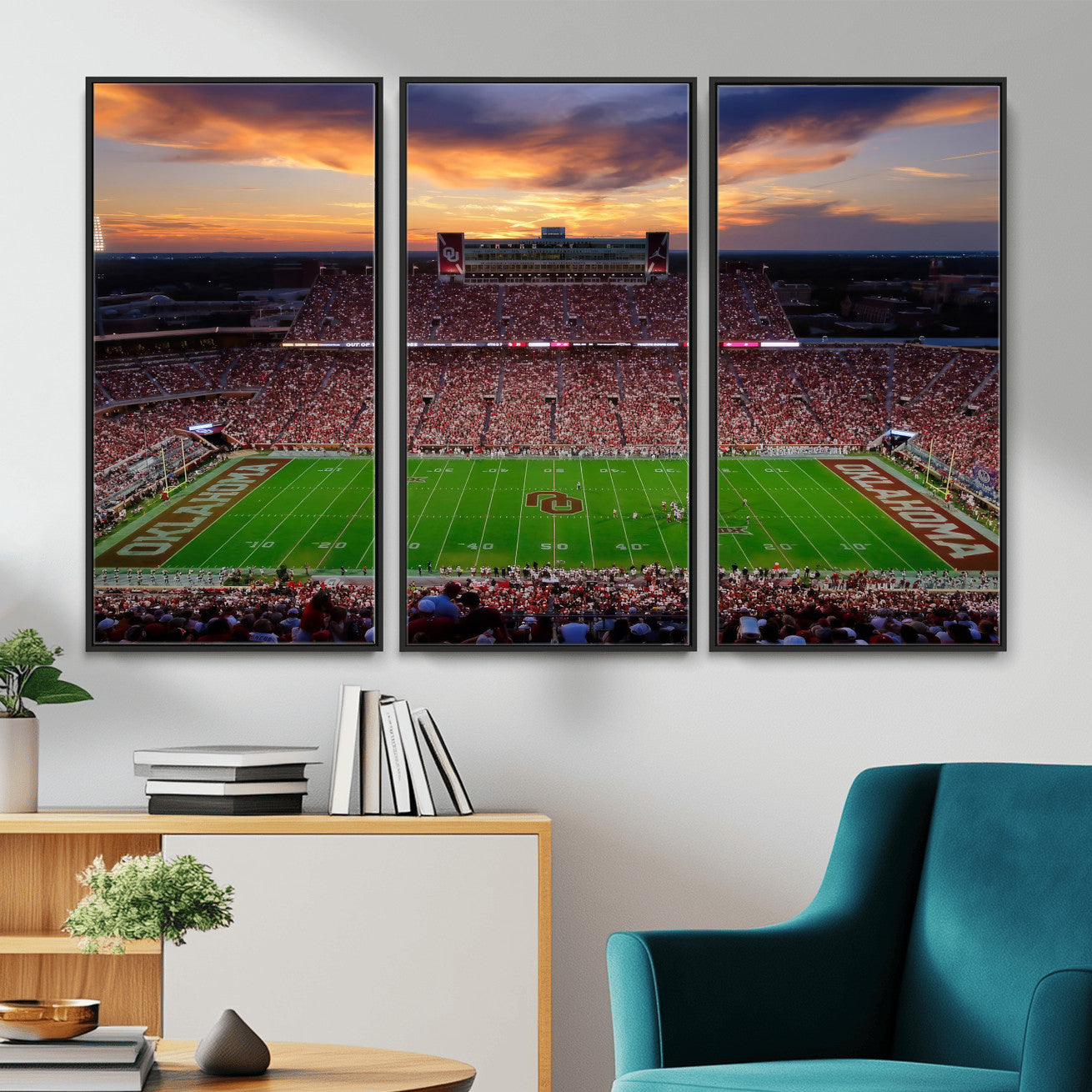 51457497-MGV-CV-36X24 - Oklahoma Sooners Stadium Wall Art Canvas Print, College Football Sunset Game Scene, OU Football Field Panorama Wall Decor