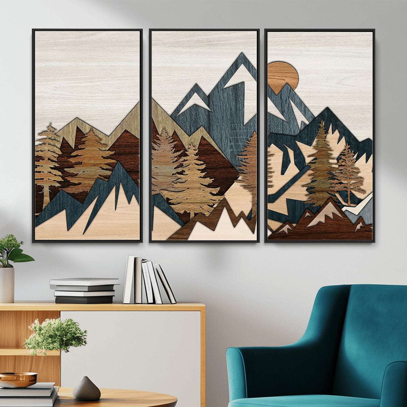 61833055-MGV-CV-36X24 - Mountain Forest Wall Art Canvas Print, Layered Wood Landscape Artwork, Rustic Nature Wall Decor for Living Room