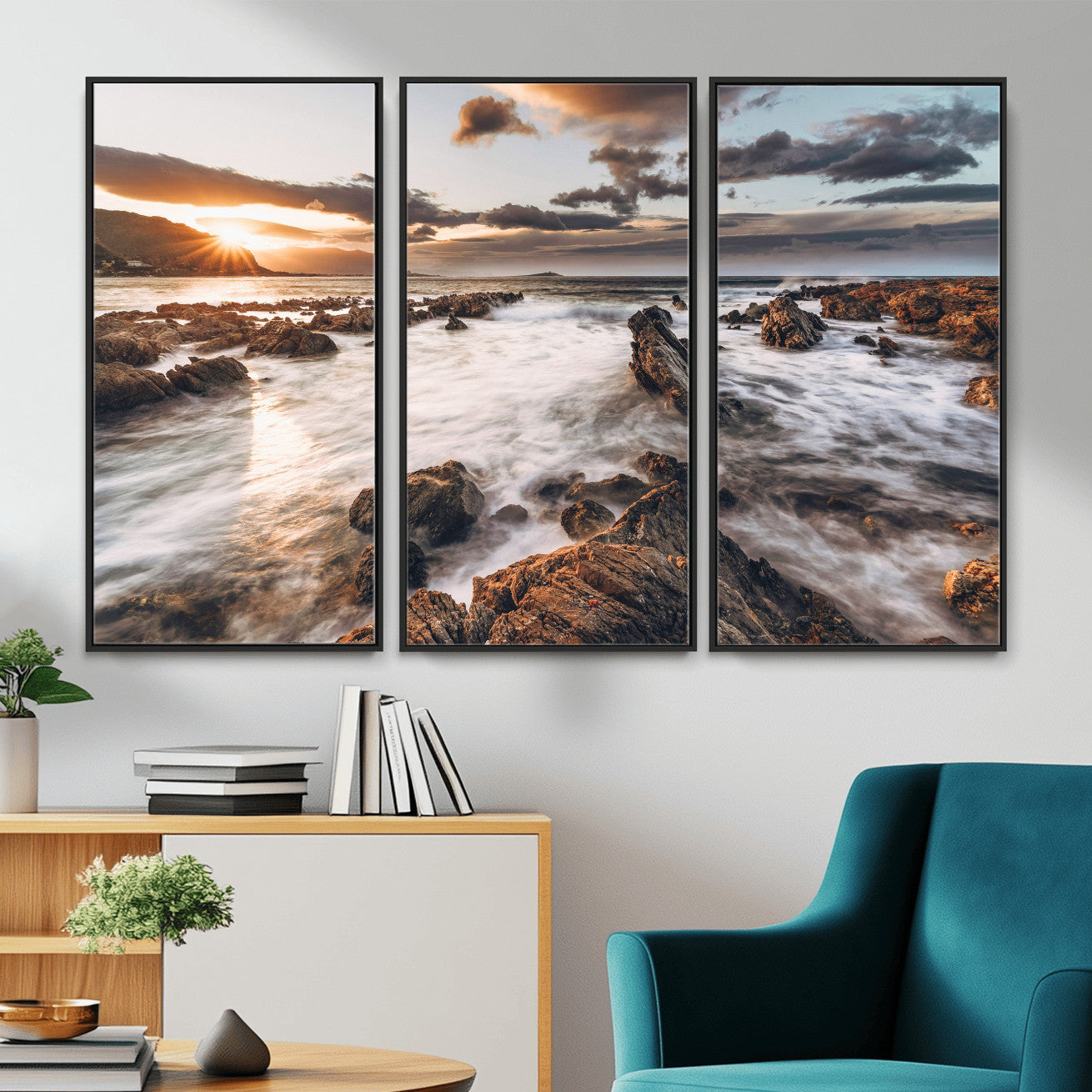 66746024-MGV-CV-36X24 - Rocky Coast Ocean Sunset Wall Art Canvas Print, Dramatic Seascape Nature Wall Decor for Living Room and Office
