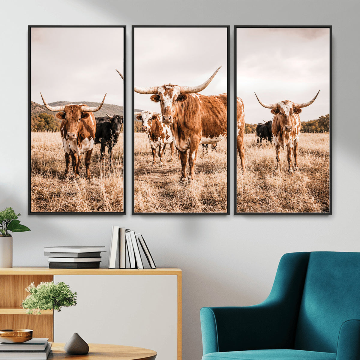27539727-MGV-CV-36X24 - Texas Longhorn Cattle Wall Art Canvas Print, Sepia Western Decor