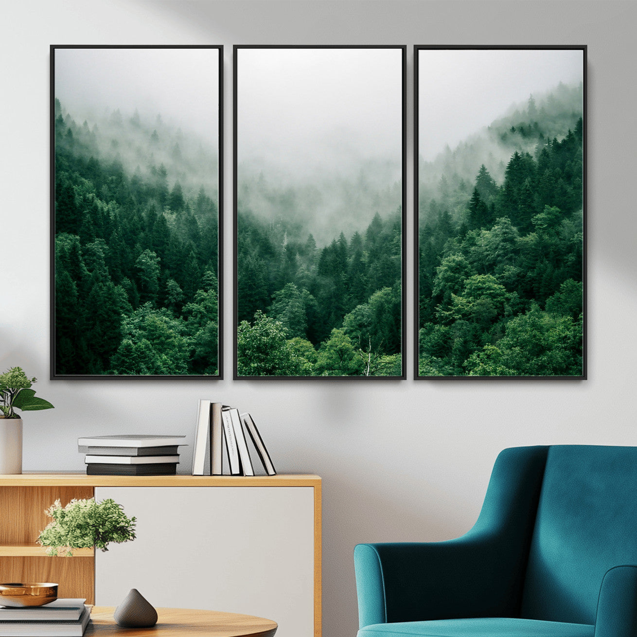 61640815-MGV-CV-36X24 - Misty Pine Forest Wall Art Canvas Print, Foggy Evergreen Landscape Wall Decor, Moody Green Nature Artwork, Minimal Forest Canvas Wall Art, Framed Canvas Wall Art Ready to Hang