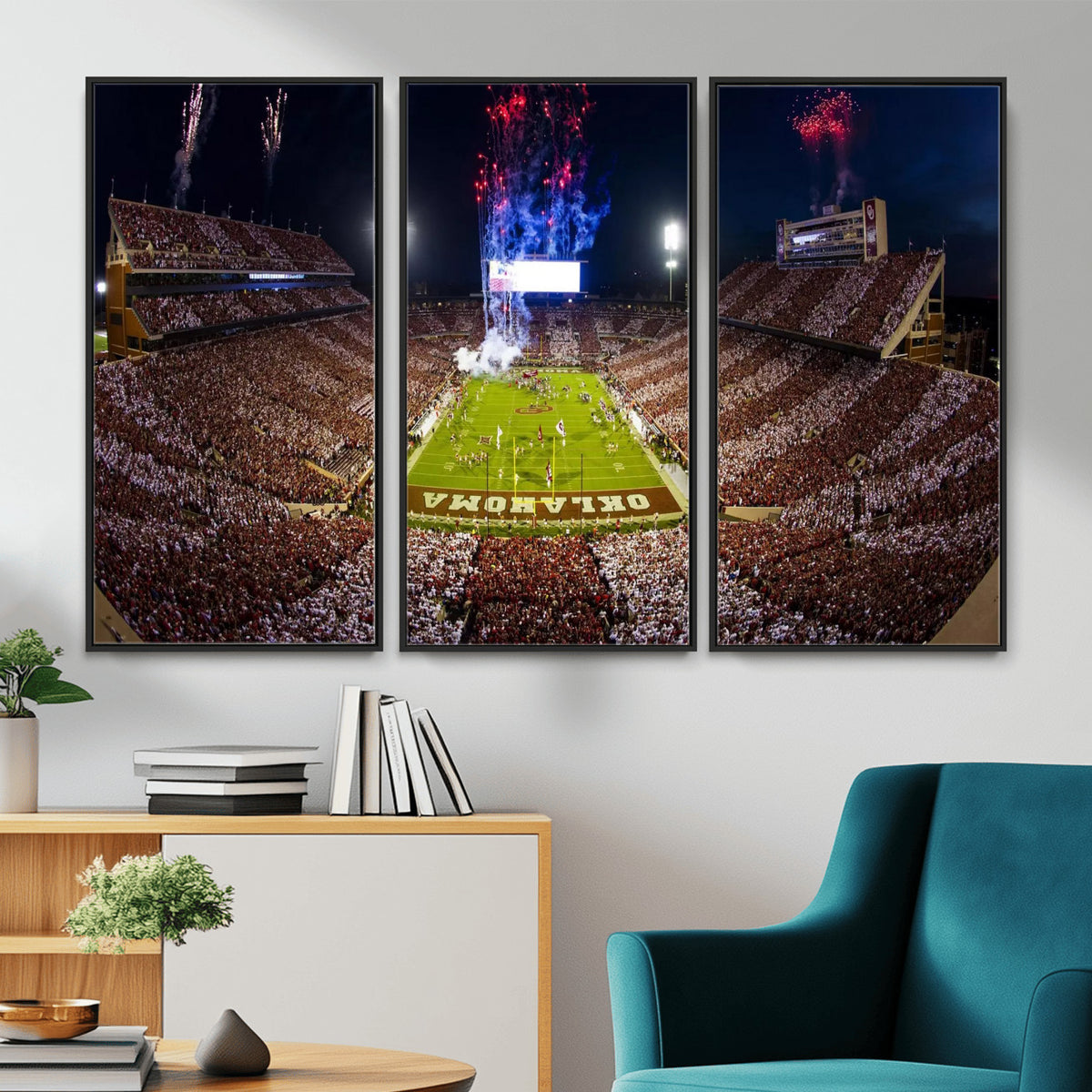 43197777-MGV-CV-36X24 - Oklahoma Memorial Stadium Wall Art Canvas Print – Oklahoma Sooners Football Artwork for Home, Office, and Sports Room Decor
