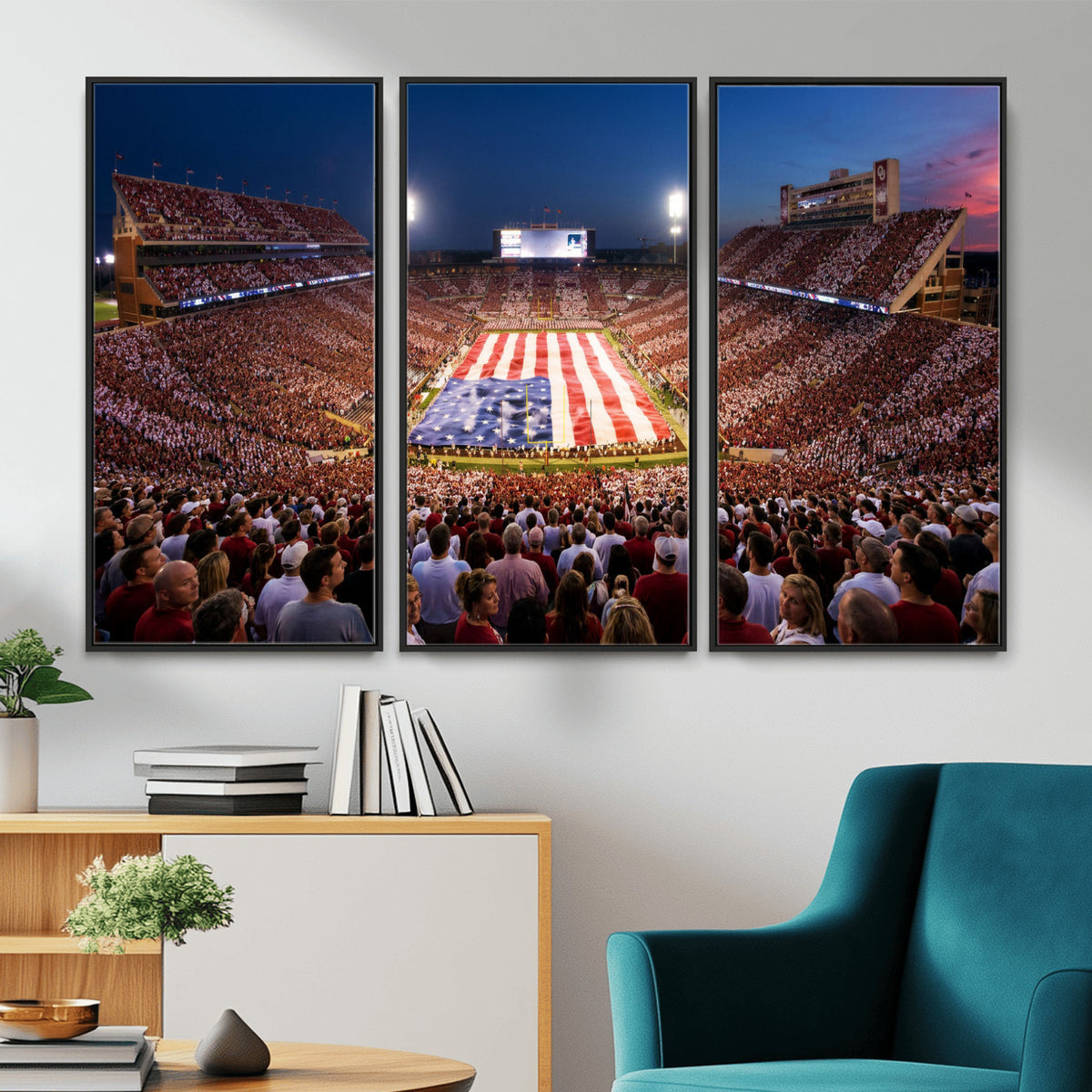59917418-MGV-CV-36X24 - Oklahoma Memorial Stadium Wall Art Canvas Print – Oklahoma Sooners Football Artwork for Home, Office, and Sports Room Decor