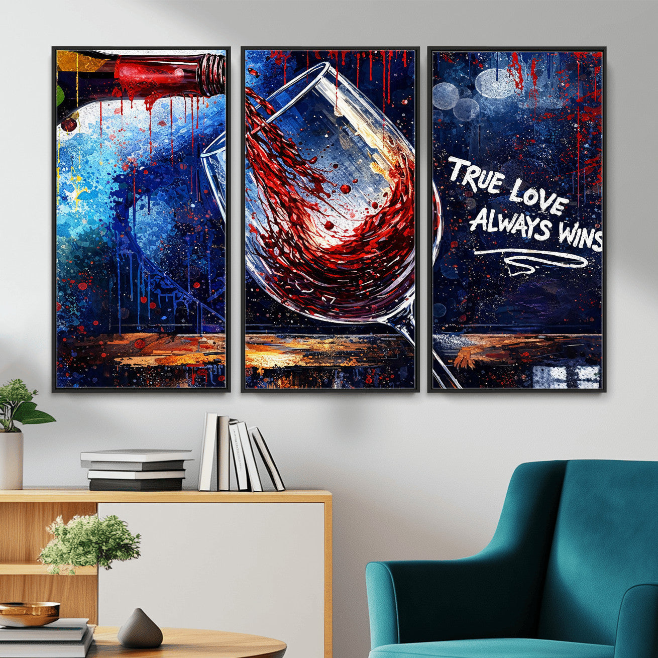 88788932-MGV-CV-36X24 - Red Wine Splash Abstract Wall Art Canvas Print, Modern Wine Glass Painting Canvas Print, Romantic Quote Contemporary Bar Art Print