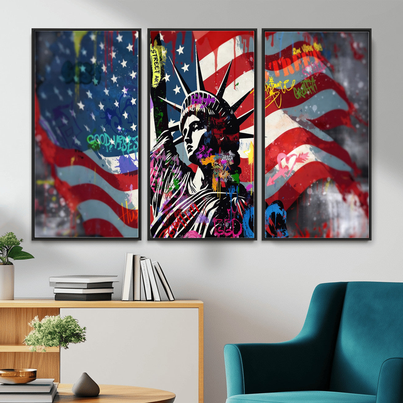 32151941-MGV-CV-36X24 - USA Statue of Liberty Graffiti Street Art Wall Art Canvas Print, American Flag Urban Pop Art Canvas Print, Modern Patriotic Street Art Contemporary Art Printing