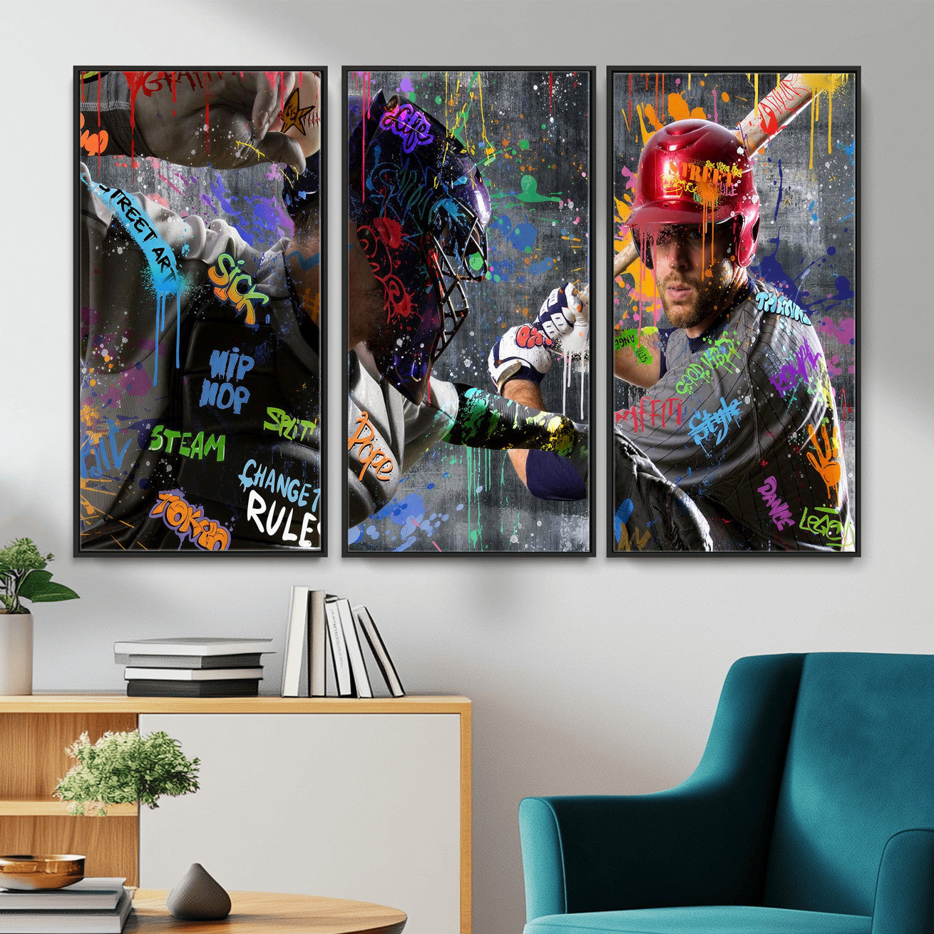 19634994-MGV-CV-36X24 - Graffiti Baseball Player Street Art Wall Art Canvas Print, Urban Sports Pop Art Baseball Canvas Print, Modern Athletic Graffiti Contemporary Art Printing