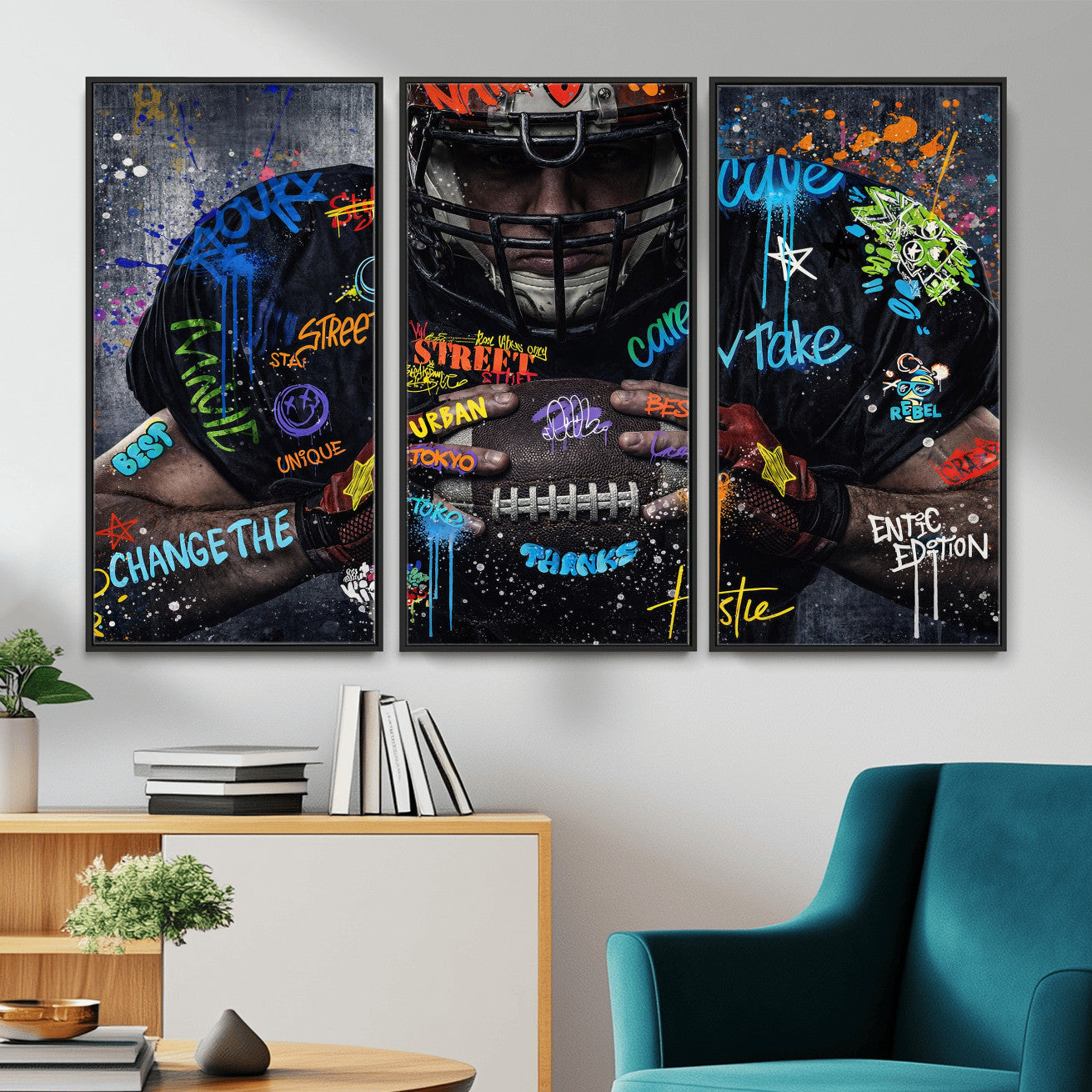 55267256-MGV-CV-36X24 - Graffiti American Football Player Street Art Wall Art Canvas Print, Urban Sports Pop Art Football Canvas Print, Modern Athletic Graffiti Contemporary Art Printing