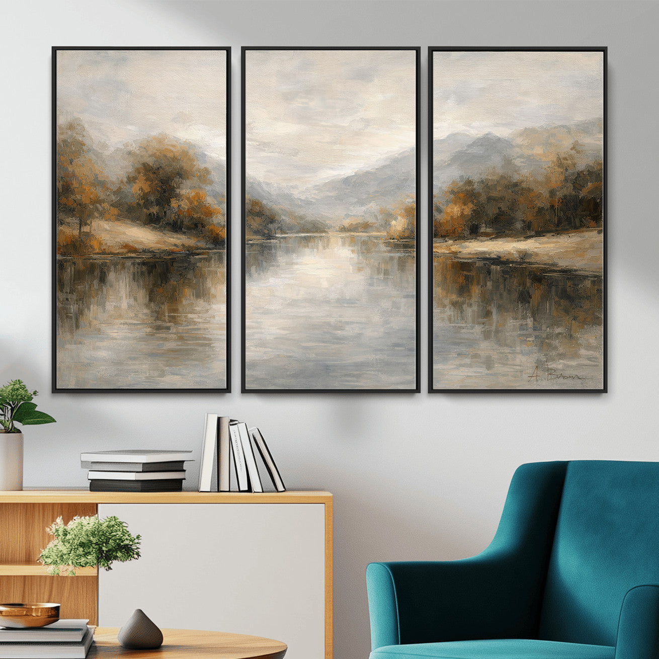 29251761-MGV-CV-36X24 - Neutral Abstract River Landscape Wall Art Canvas Print, Modern Minimal Nature Reflection Canvas Print, Beige Gray Contemporary Mountain Art Printing
