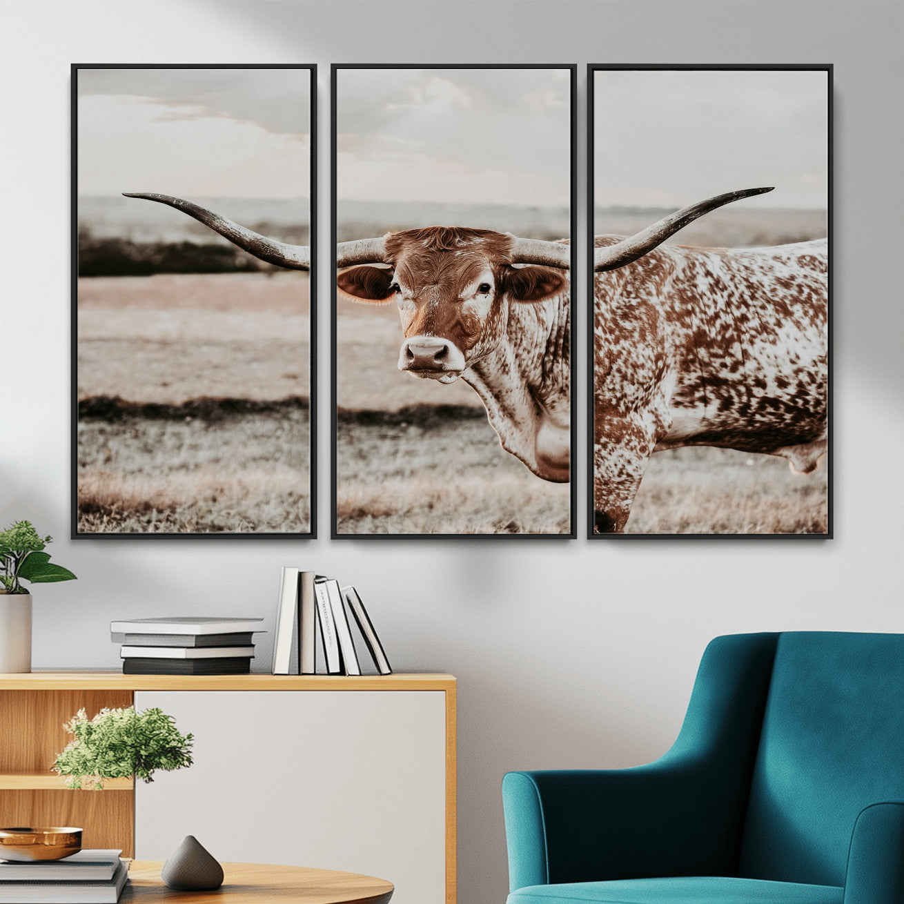 73897046-MGV-CV-36X24 - Texas Longhorn Bull Rustic Wall Art Canvas Print, Western Cattle Photography Canvas Print, Ranch Farm Animal Western Art Printing