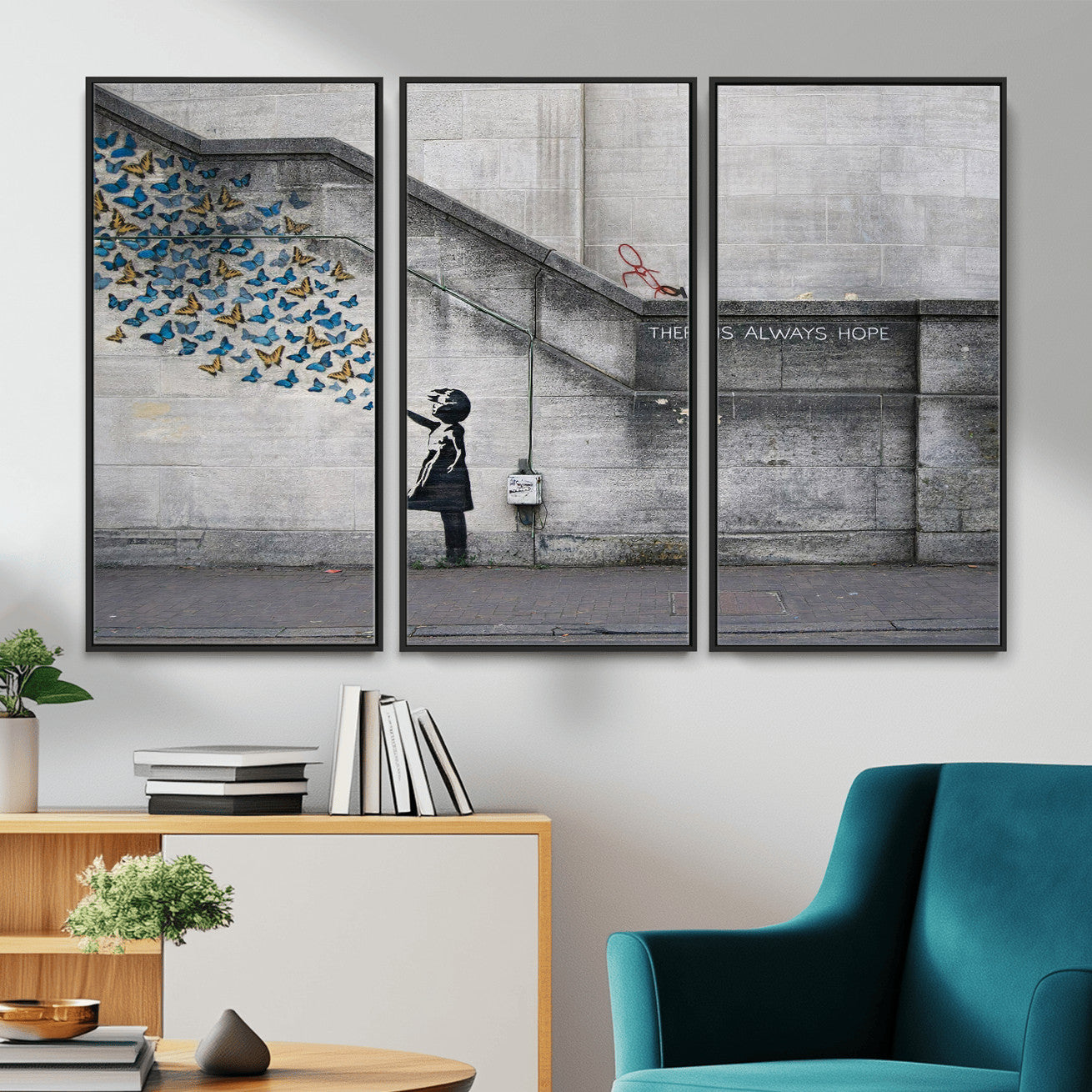 15274223-MGV-CV-36X24 - Banksy Girl with Butterflies Street Art Wall Art Canvas Print, Hope Graffiti Urban Art Canvas Print, Minimalist Inspirational Street Art Contemporary Art Printing