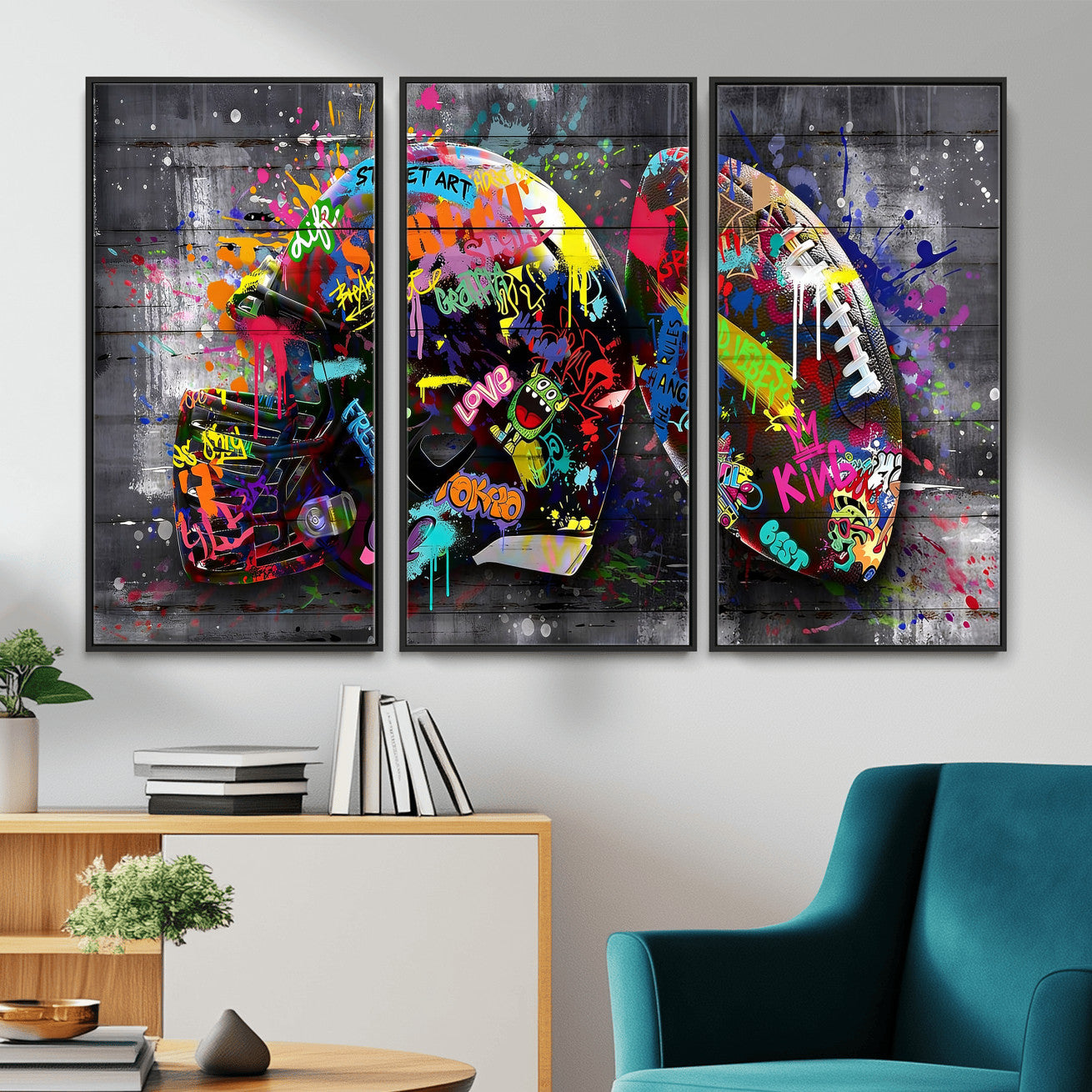 80540773-MGV-CV-36X24 - Graffiti American Football Helmet Street Art Wall Art Canvas Print, Urban Sports Pop Art Football Canvas Print, Colorful Graffiti Sports Contemporary Art Printing