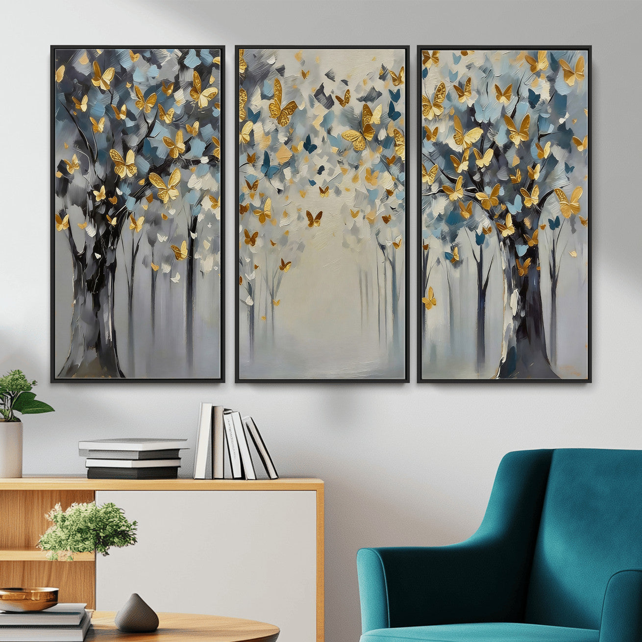 79208191-MGV-CV-36X24 - Golden Butterfly Tree Abstract Wall Art Canvas Print, Modern Elegant Nature Painting Canvas Print, Blue Gold Contemporary Floral Art Printing