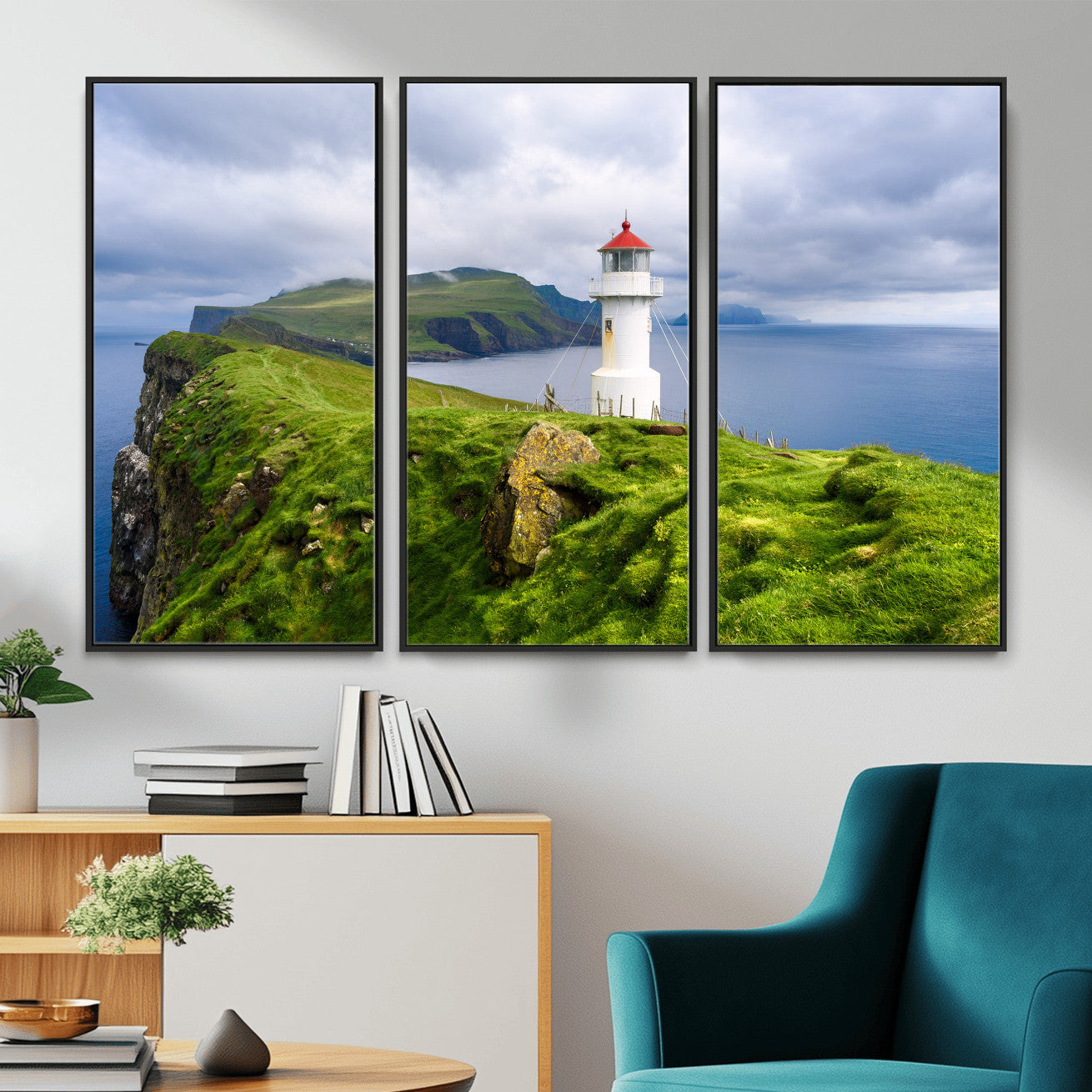 10680390-MGV-CV-36X24 - Coastal Lighthouse Wall Art Canvas Print, Cliffside Ocean Landscape Canvas Print, Scandinavian Coastal Decor for Living Room
