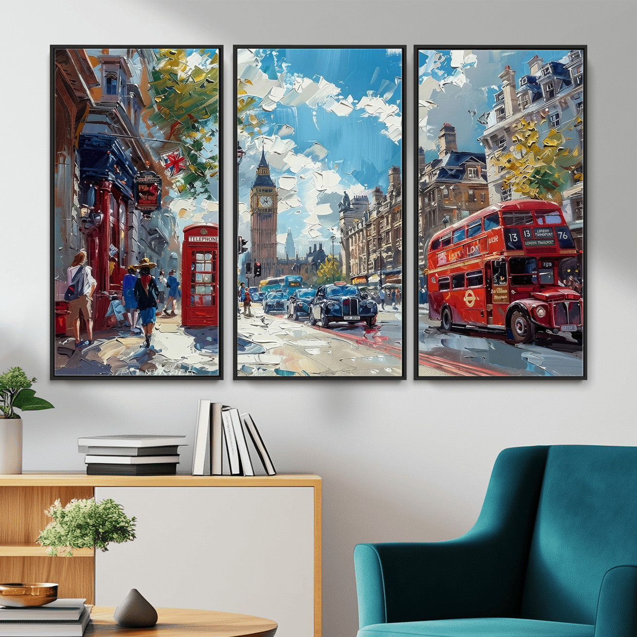 17630888-MGV-CV-36X24 - Modern London City Street Wall Art Canvas Print, Big Ben & Red Bus Artwork Canvas Print