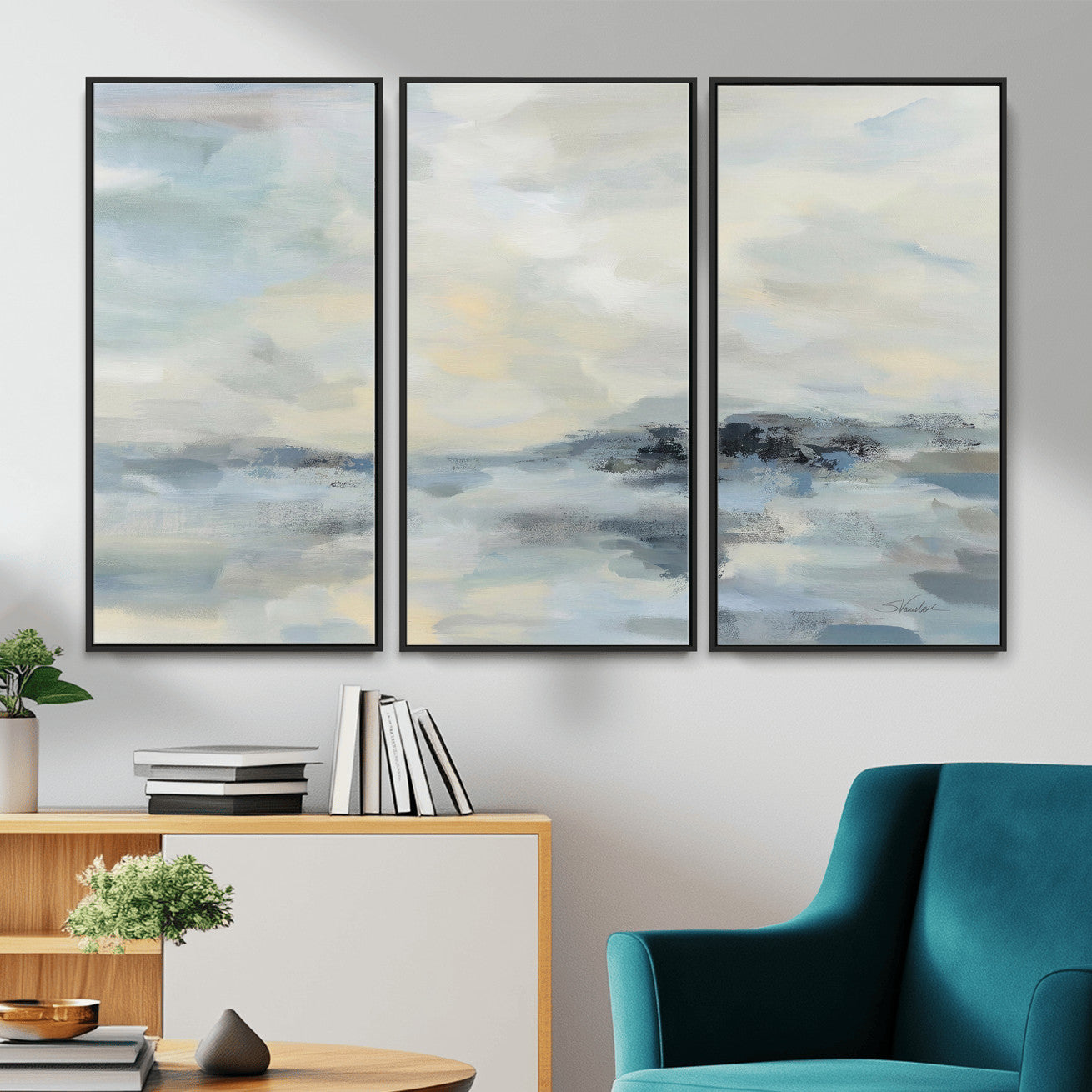 24647355-MGV-CV-36X24 - Abstract Coastal Landscape Wall Art Canvas Print – Soft Blue Gray Minimalist Painting