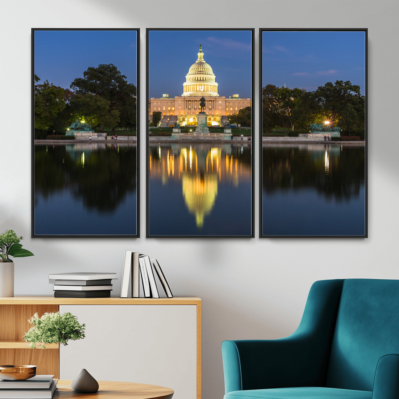 95568590-MGV-CV-36X24 - US Capitol Building Wall Art Canvas Print – Washington DC Landmark Night Reflection Artwork for Office Decor
