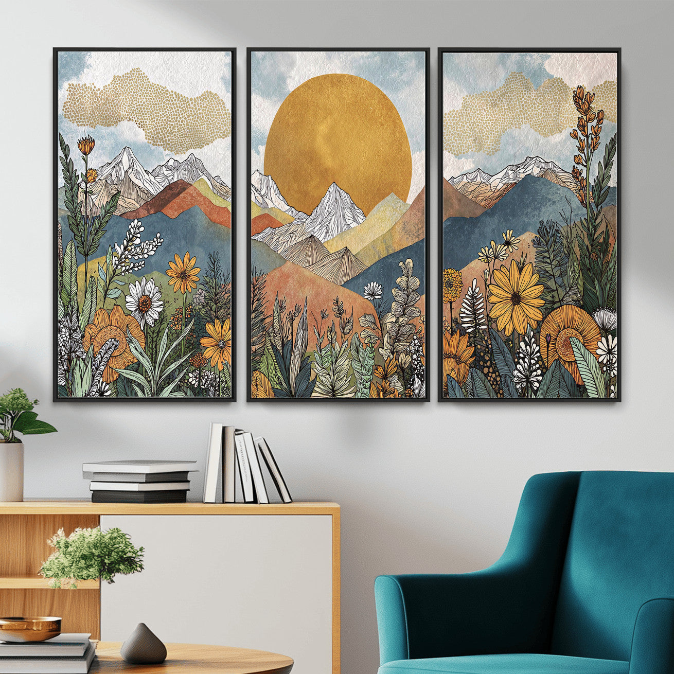 17540863-MGV-CV-36X24 - Boho Mountain Landscape Large Wall Art, Horizontal Gold Framed Canvas Print with Sun and Flowers