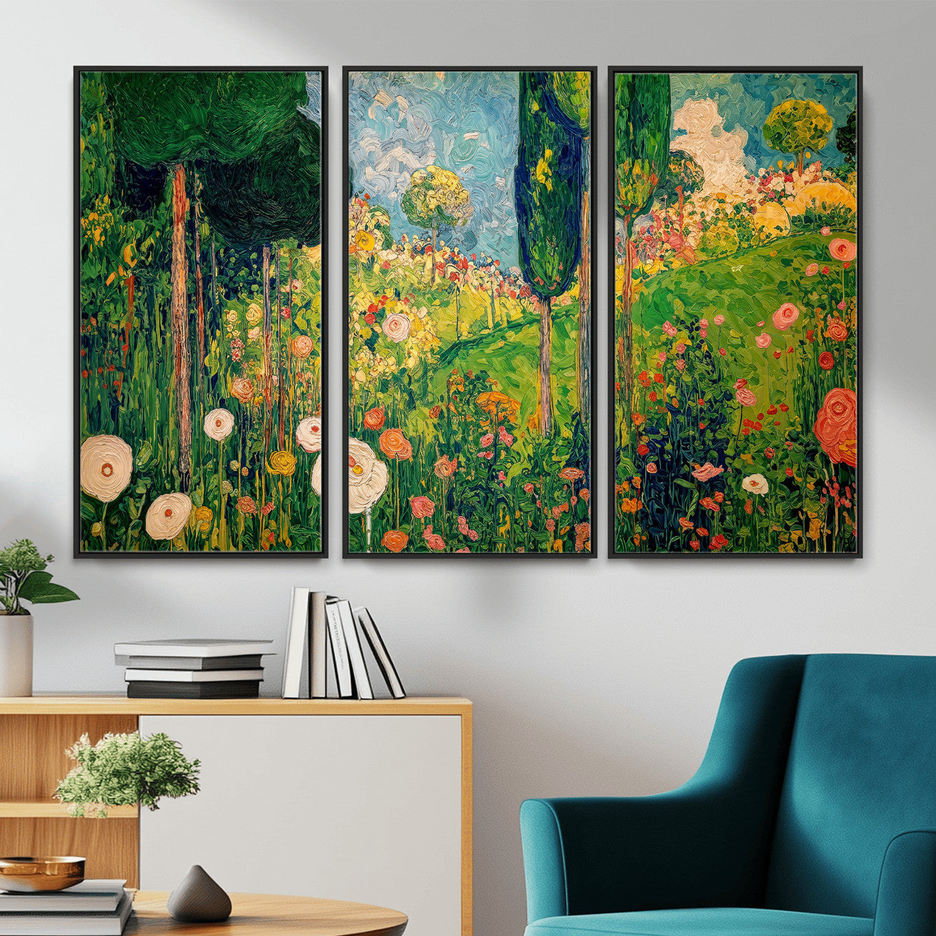 83517974-MGV-CV-36X24 - Gustav Klimt Boho Mountain Landscape Large Wall Art, Horizontal Gold Framed Canvas Print with Sun and Flowers