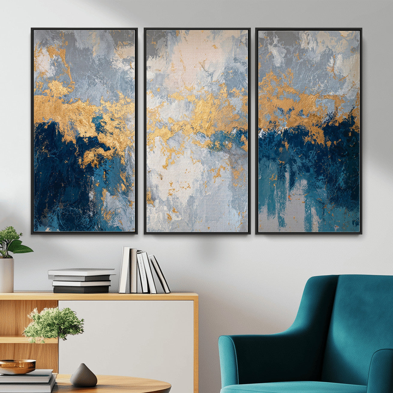 65386119-MGV-CV-36X24 - Blue Gold Abstract Large Framed Canvas Wall Art, Modern Luxury Painting Print in Horizontal Oversized Minimal Wall Decor Artwork