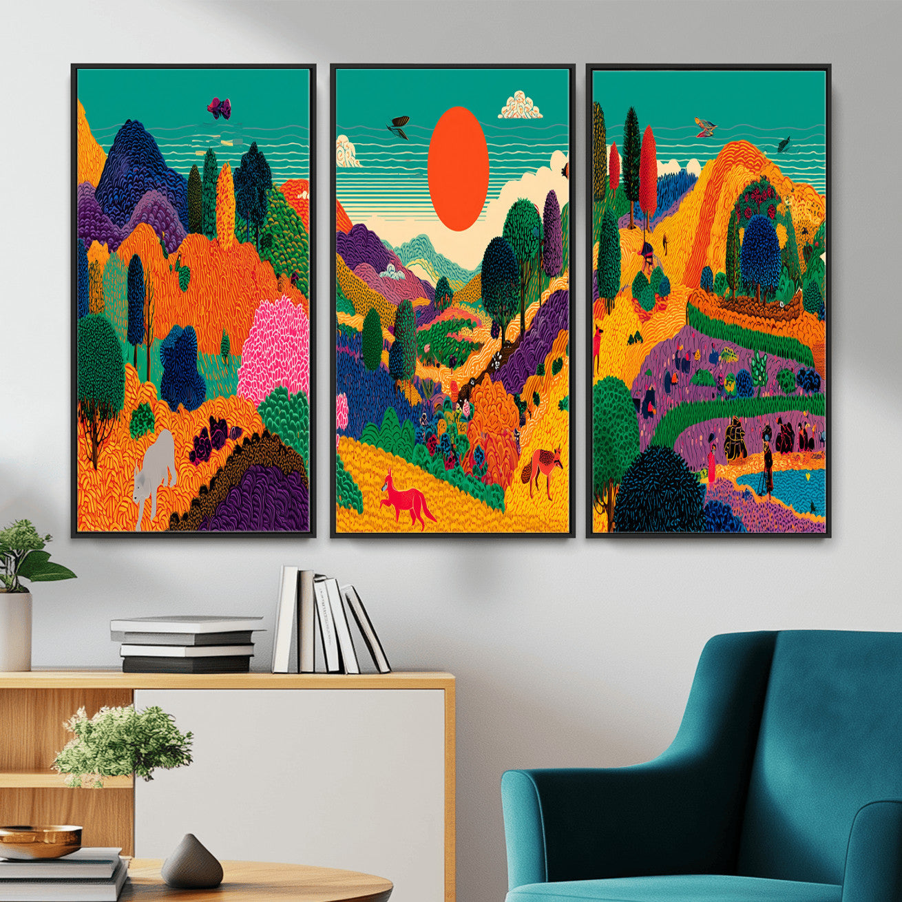 45710397-MGV-CV-48X32-3P - Colorful Japanese Landscape Print: Maximalist Panoramic Wall Art