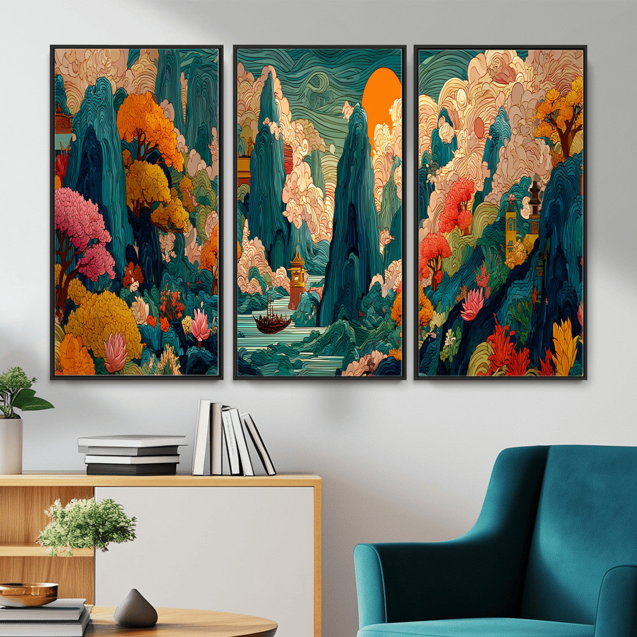90422518-MGV-CV-48X32-3P - Colorful Japanese Landscape Print: Maximalist Panoramic Wall Art