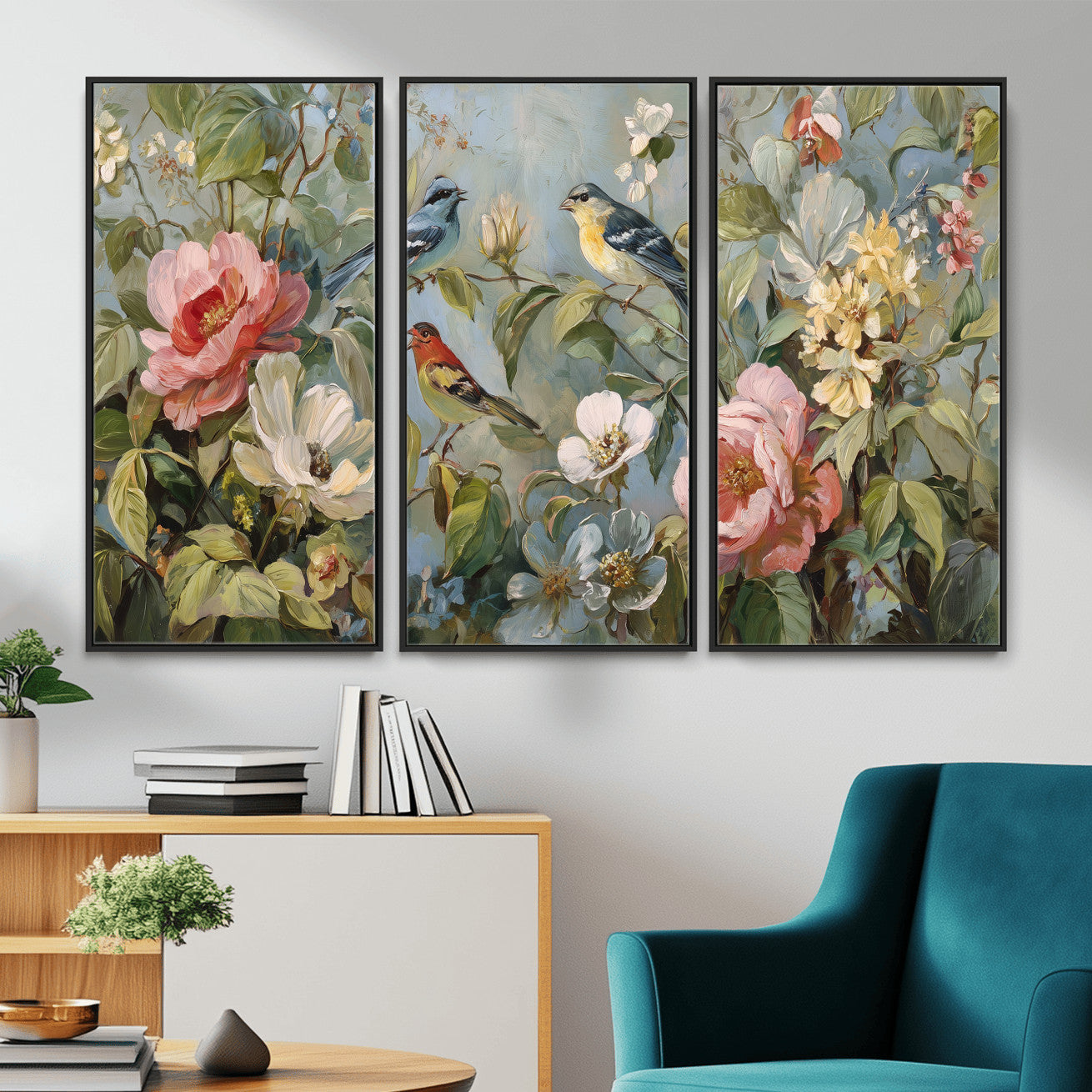 55440837-MGV-CV-36X24 - Vintage Birds and Flowers Wall Art Canvas Print, Botanical Bird Painting Canvas Print, Floral Garden Bird Artwork Canvas Print, Classic Bird Flower Painting Canvas Print