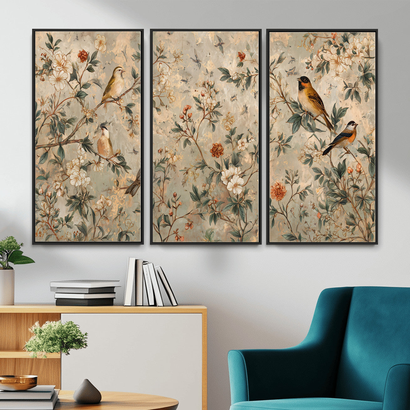 76588438-MGV-CV-36X24 - Vintage Birds and Flowers Wall Art Canvas Print, Botanical Bird Painting Canvas Print, Floral Garden Bird Artwork Canvas Print, Classic Bird Flower Painting Canvas Print