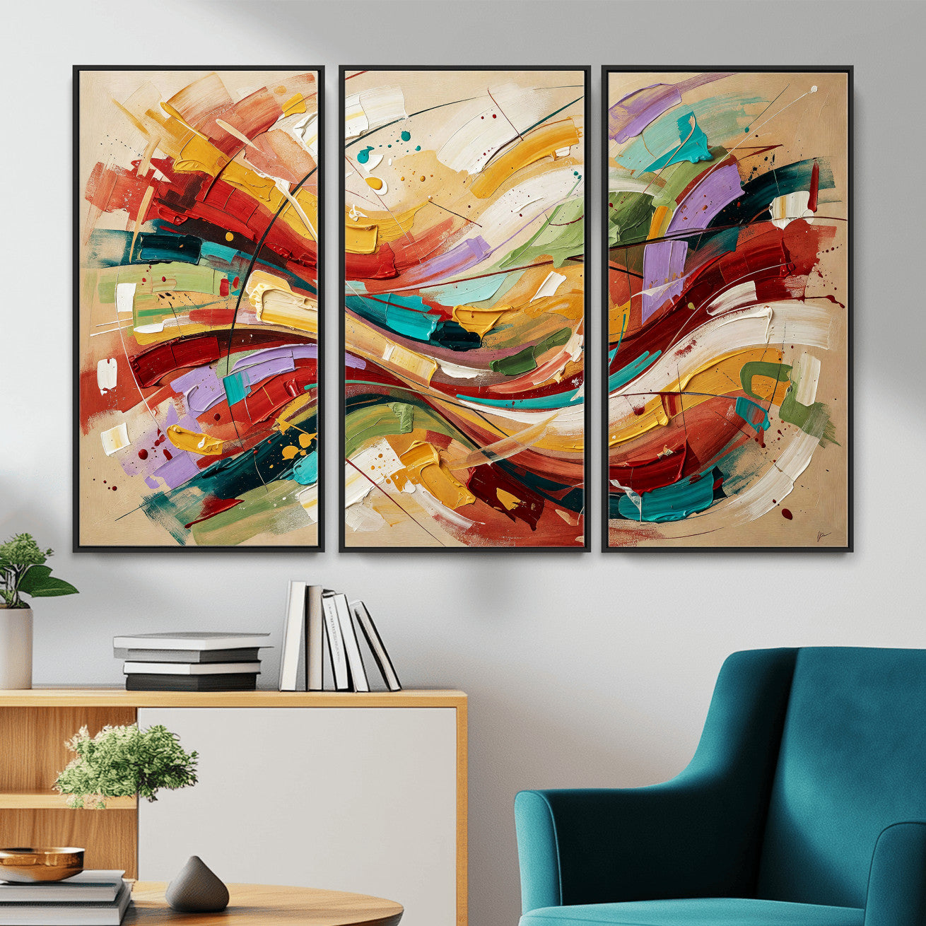 39887645-MGV-CV-36X24 - Geometric Abstract Wall Art Canvas Print, Orange Blue Abstract Expressionist Painting Print, Modern Geometric Abstract Canvas Art