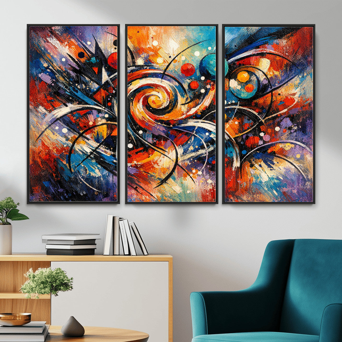 60193267-MGV-CV-36X24 - Geometric Abstract Wall Art Canvas Print, Orange Blue Abstract Expressionist Painting Print, Modern Geometric Abstract Canvas Art