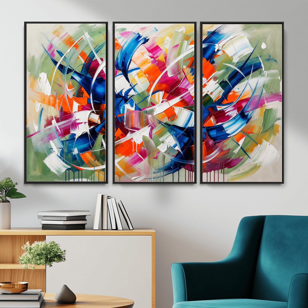 15032888-MGV-CV-36X24 - Geometric Abstract Wall Art Canvas Print, Orange Blue Abstract Expressionist Painting Print, Modern Geometric Abstract Canvas Art