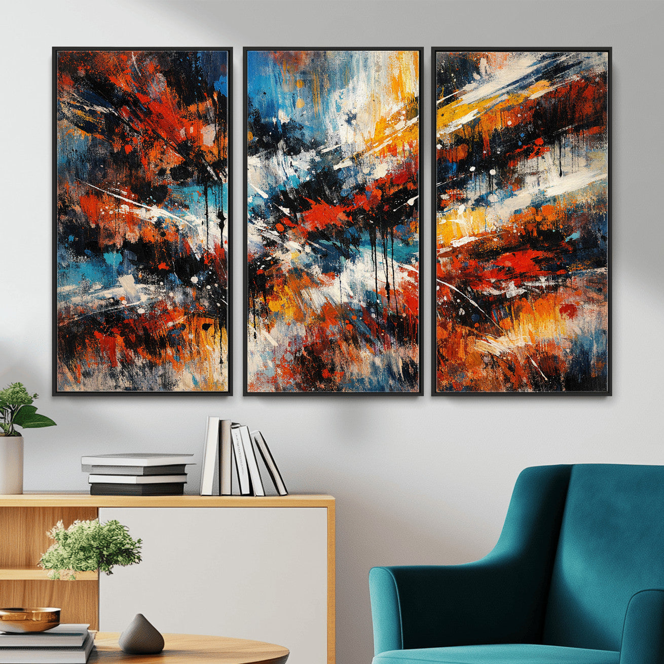 80276069-MGV-CV-36X24 - Geometric Abstract Wall Art Canvas Print, Orange Blue Abstract Expressionist Painting Print, Modern Geometric Abstract Canvas Art