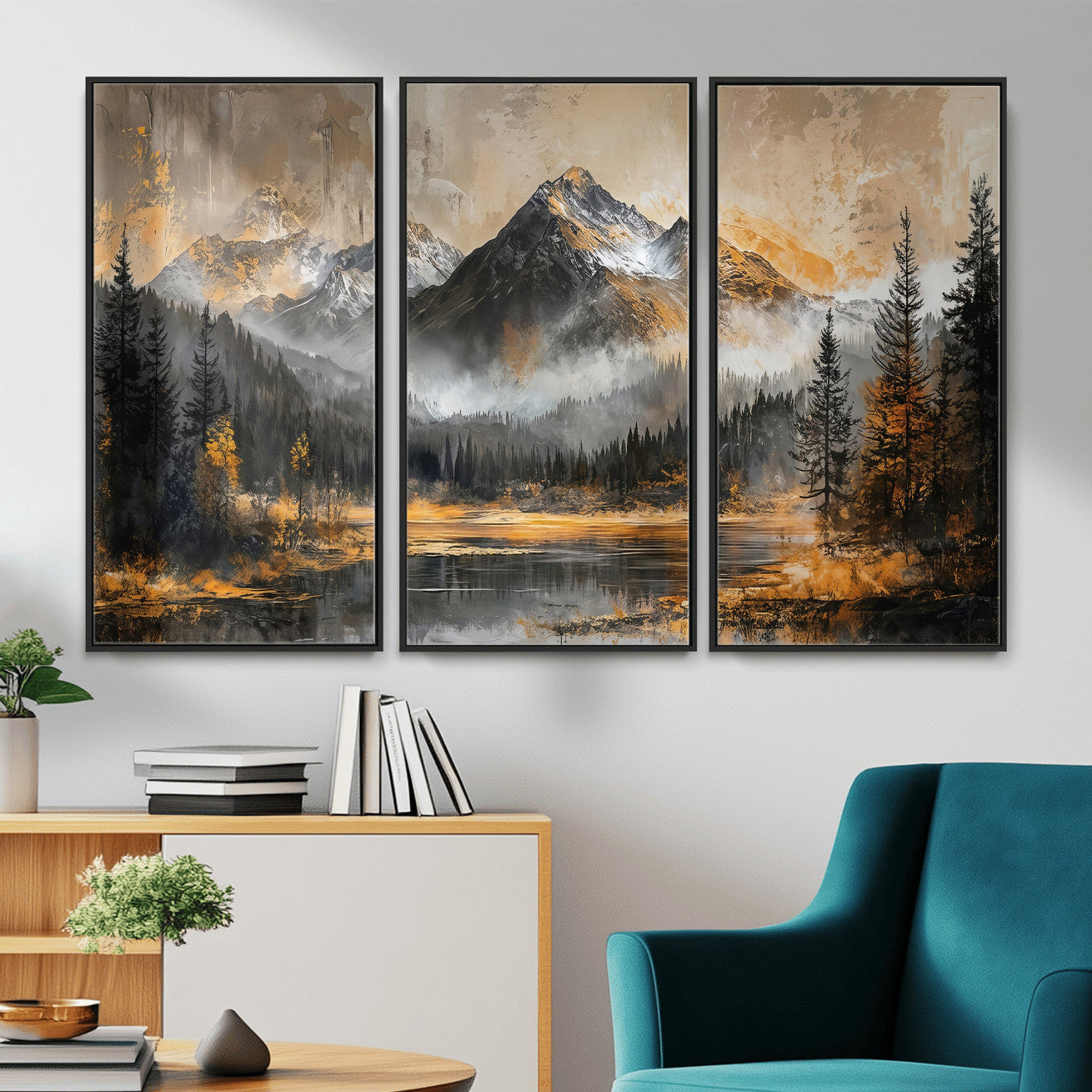 4712069D1-MGV-CV-36X24 - Mountain Lake Canvas Wall Art — Rustic Forest Landscape Print | Gold Grey Nature Decor | Cabin Wall Art | Large Wilderness Art Print Gift