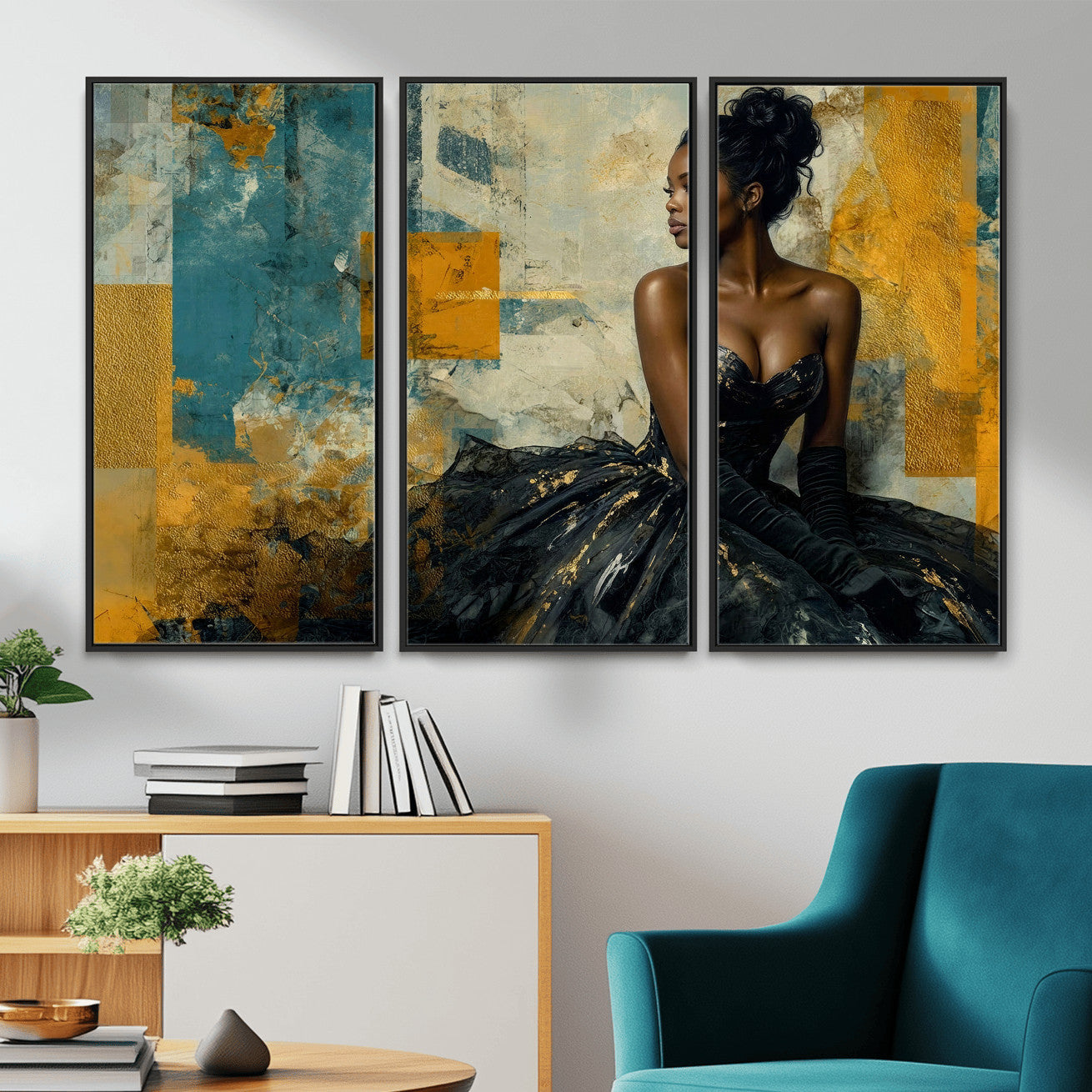 4712069Z21-MGV-CV-36X24 - Elegant Woman Canvas Wall Art — Black Gold Gown Fashion Print | Luxury Glam Wall Decor | African American Art | Bold Bedroom Wall Art Gift