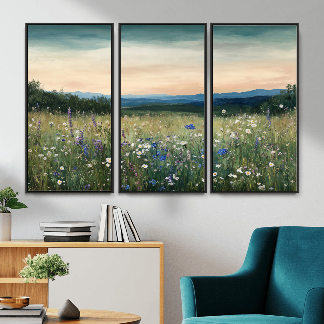 35773805-MGV-CV-36X24 - Wildflower Meadow Oil Painting Canvas Print - Daisy Lavender Mountain Sunset Print | Cottagecore Floral Wall Art - Bedroom Decor Gift for Her