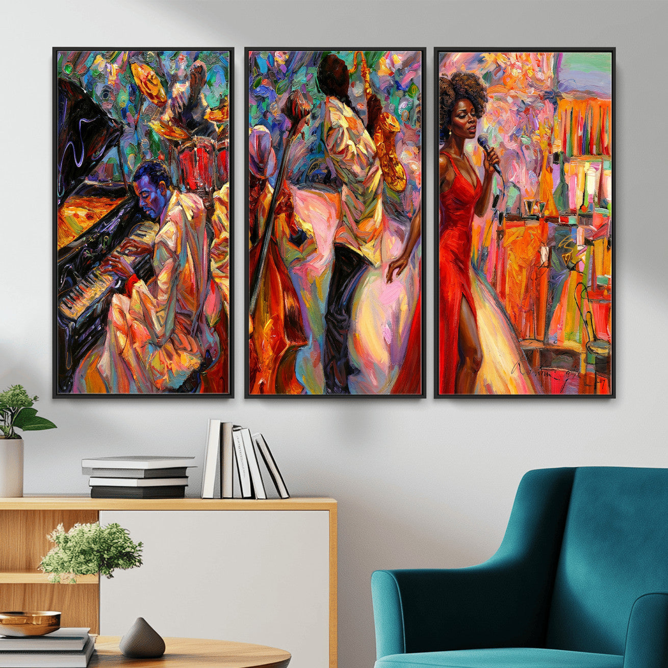 72615137-MGV-CV-36X24 - African American Jazz Singer Canvas Art - Red Dress Black Woman Music Print | Colorful Jazz Band Wall Decor | Living Room Gift for Her