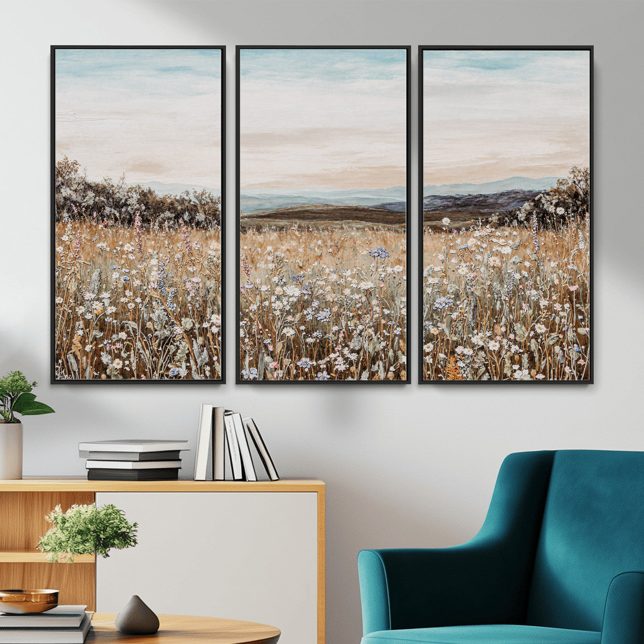 F35773805-MGV-CV-36X24 - Neutral Wildflower Field Canvas Wall Art — Beige Earth Tone Botanical Meadow Print | Farmhouse Boho Decor | Bedroom Living Room Gift Her