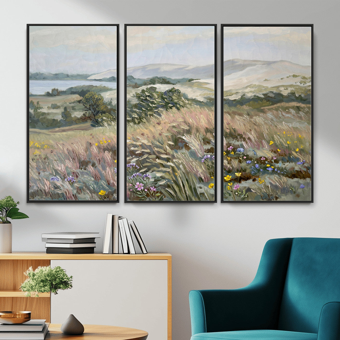 18013232-MGV-CV-36X24 - Katie Staples Hillside Canvas Wall Art — Coastal Wildflower Dune Oil Painting Print | Muted Green Nature Decor | Plein Air Landscape Gift